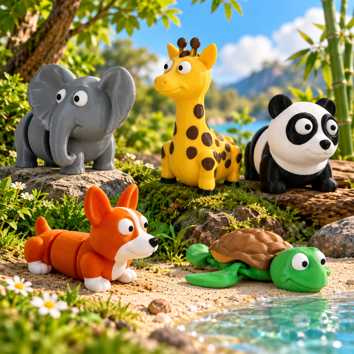Collection of colourful 3D printed animal keychains by RU3D, including a green T-Rex, lion, orange fox, clownfish and pink axolotl displayed on black stone steps