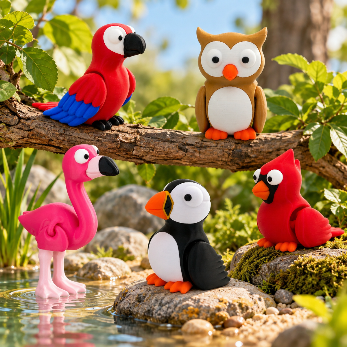 3D printed bird keychains by RU3D – red macaw parrot, owl, pink flamingo, red cardinal and puffin displayed on black stone steps