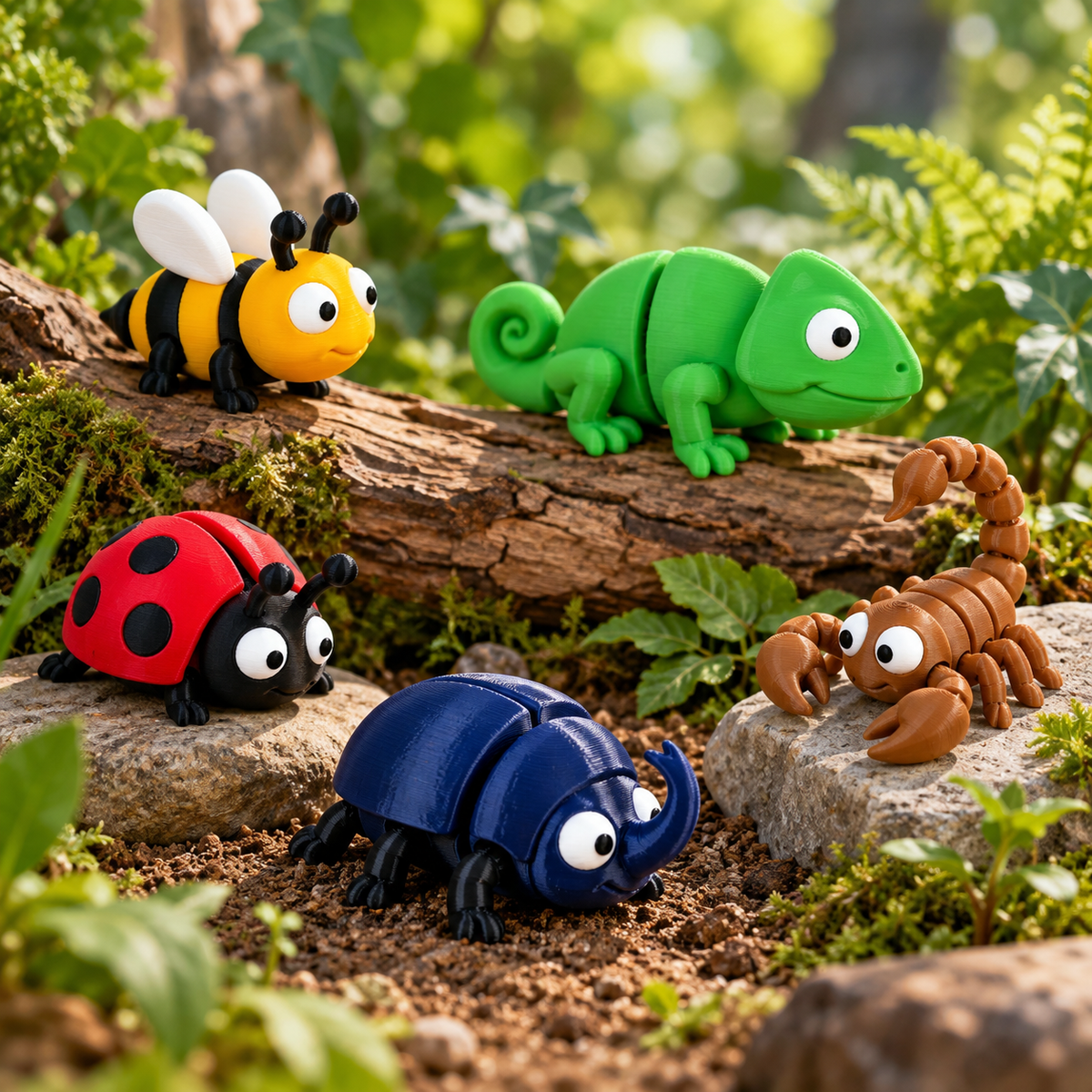 3D printed bug and critter keychains by RU3D – bumblebee, ladybug, green chameleon, dung beetle and scorpion displayed on black stone steps