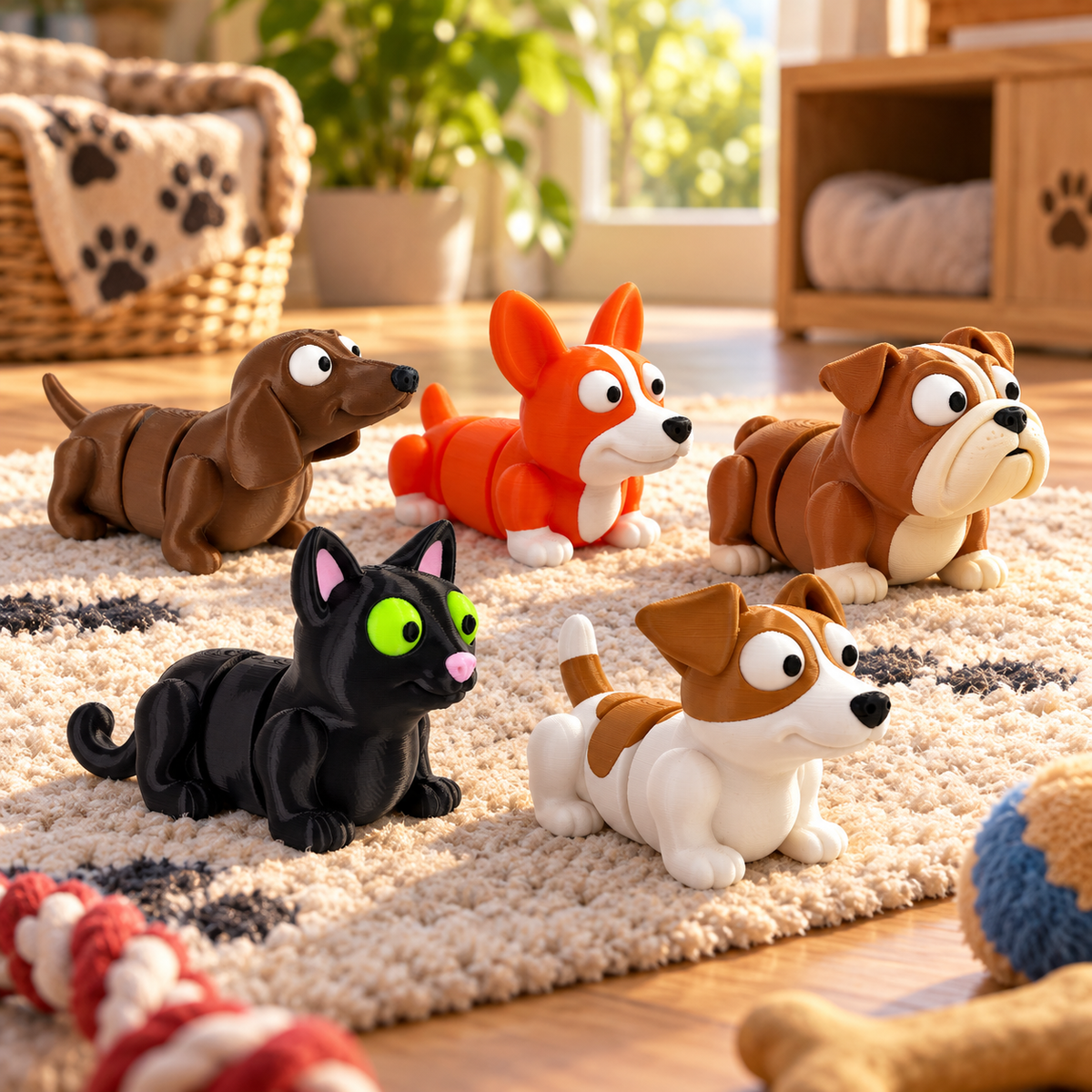 3D printed dog and pet keychains by RU3D – dachshund, corgi, bulldog, black cat and Jack Russell on a cosy rug