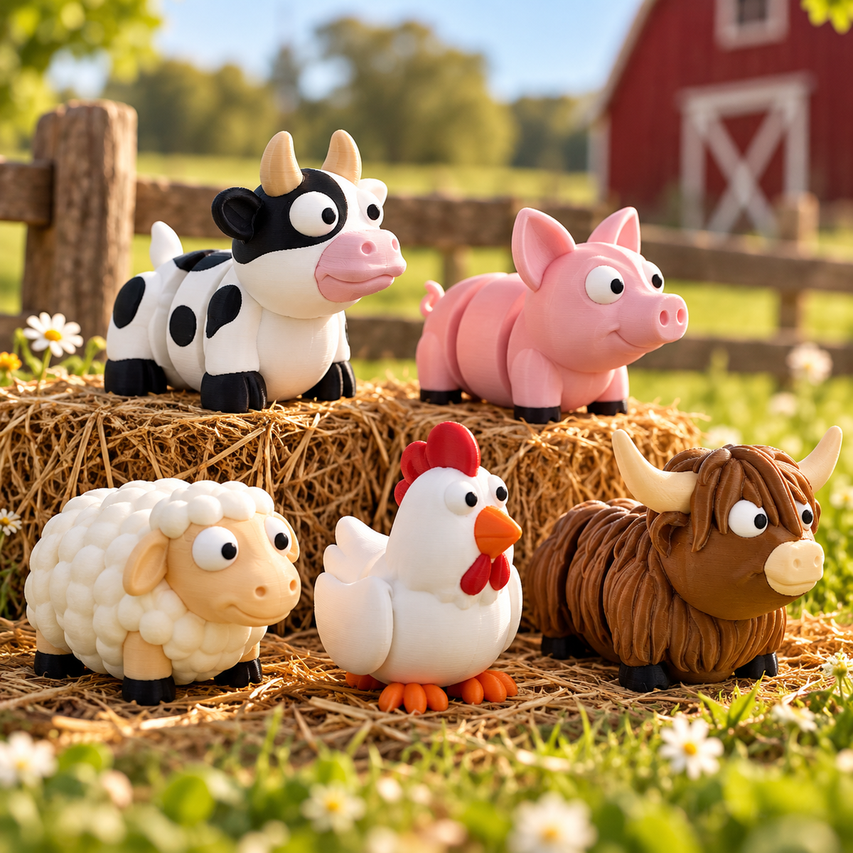 3D printed farm animal keychains by RU3D – cow, pig, sheep, chicken and highland cow on hay bales in front of a red barn