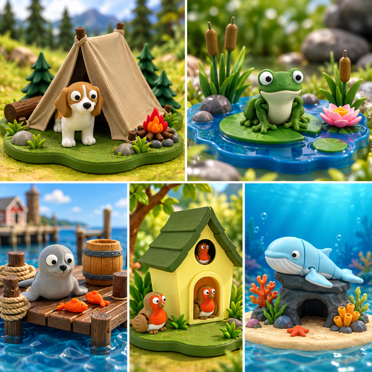 3D printed keychain display platforms by RU3D – beagle at a camping tent with campfire, frog on a lily pond, seal on a harbour dock, robins in a bird house and humpback whale on an ocean reef