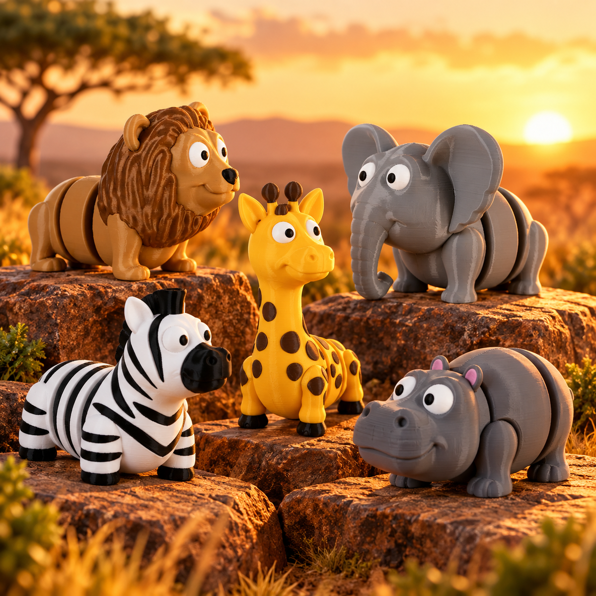 3D printed safari animal keychains by RU3D – lion, elephant, giraffe, zebra and hippo on bushveld rocks at sunset with an acacia tree