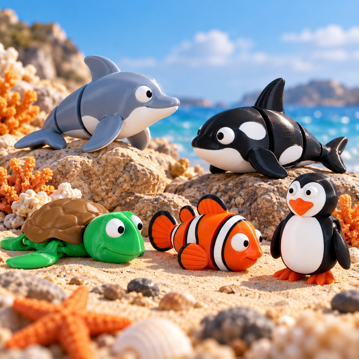 3D printed sea life keychains by RU3D – dolphin, orca, sea turtle, clownfish and penguin on a sunny beach with coral and starfish