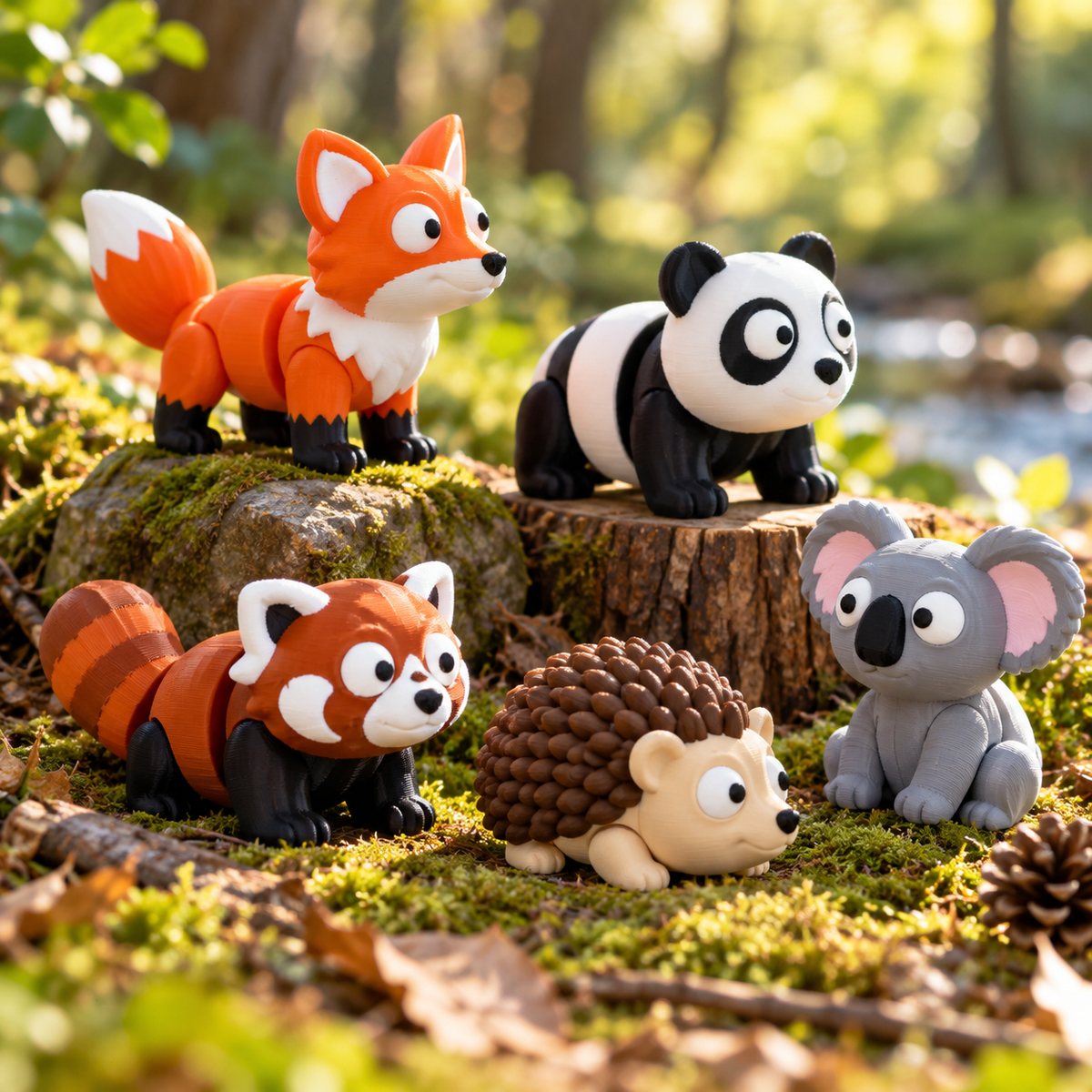 3D printed woodland and wildlife keychains by RU3D – fox, panda, red panda, hedgehog and koala on a mossy forest floor