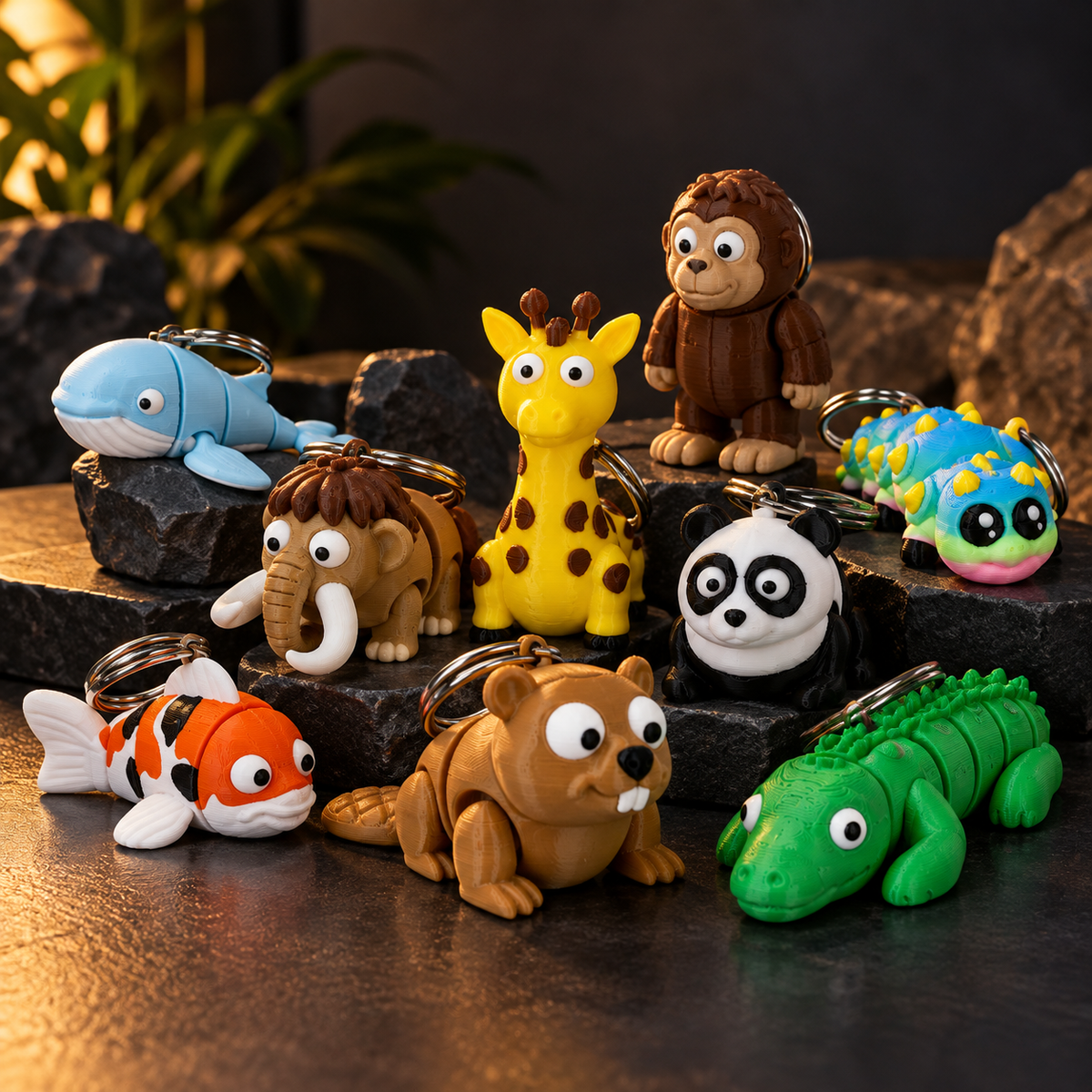 Colourful 3D printed animal keychains including wildlife, sea life and prehistoric designs by RU3D South Africa