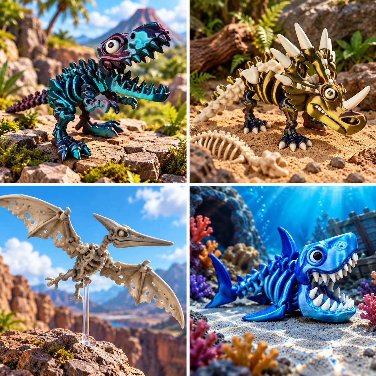3D printed skeleton dinosaur and animal flexies including T-Rex, Styracosaurus, Pteranodon and shark by RU3D