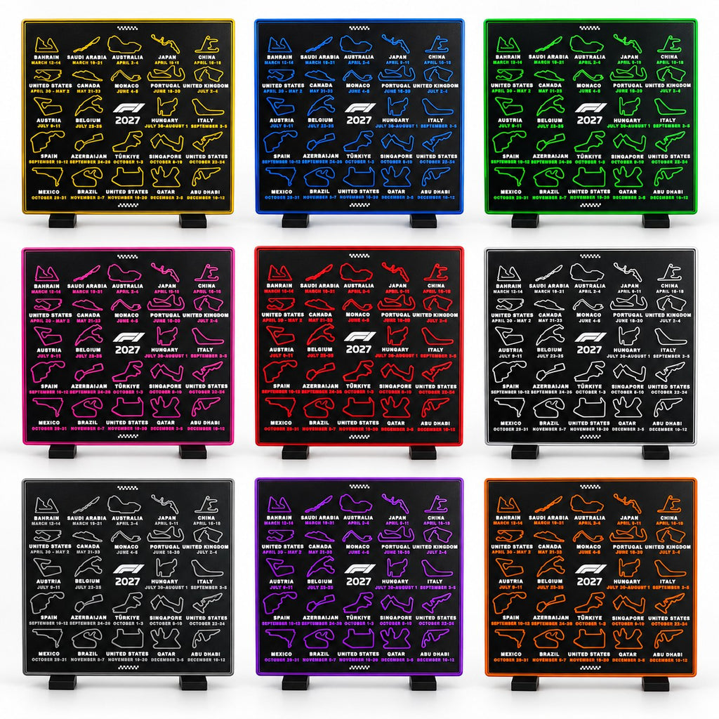 The 3D printed 2027 race calendar in all 9 colours – yellow, blue, green, pink, red, white, grey, purple and orange
