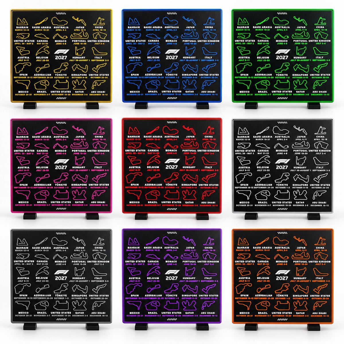 The 3D printed 2027 race calendar in all 9 colours – yellow, blue, green, pink, red, white, grey, purple and orange
