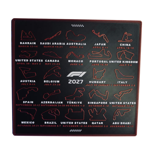 Front view of the RU3D 2027 race calendar showing all 24 circuits with countries and race dates