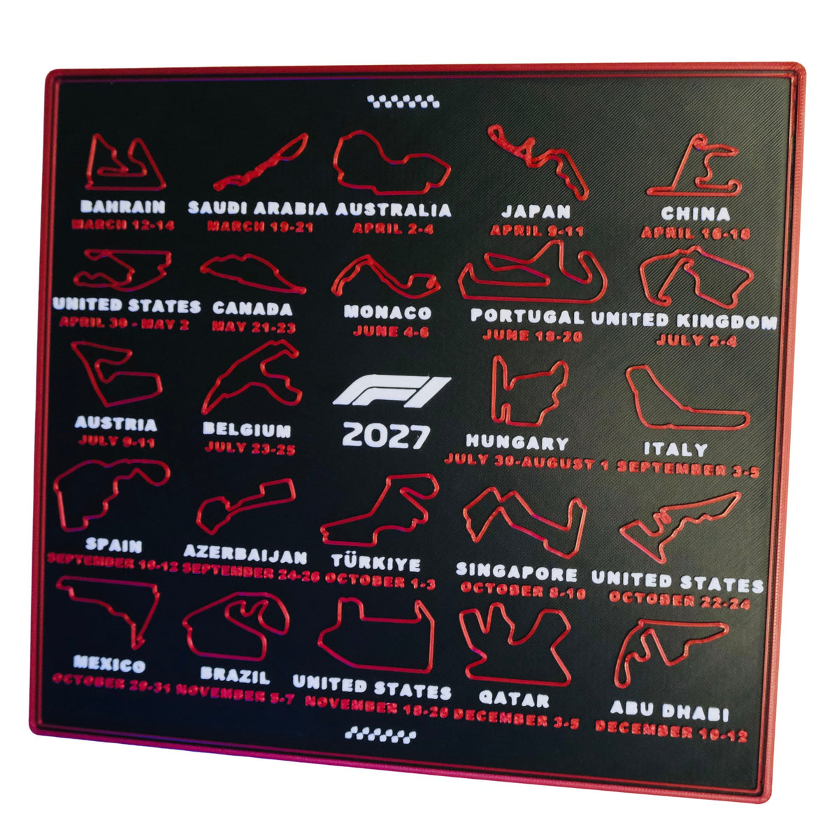 RU3D 2027 race calendar in red with a double-line frame and chequered accents