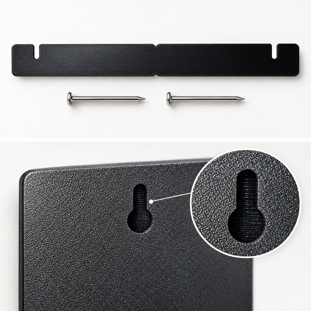 Wall kit for the RU3D 2027 race calendar – 3D printed nail template, 2 masonry nails and the hidden keyhole slot on the back