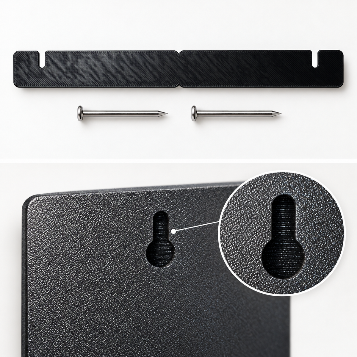 Wall kit for the RU3D 2027 race calendar – 3D printed nail template, 2 masonry nails and the hidden keyhole slot on the back