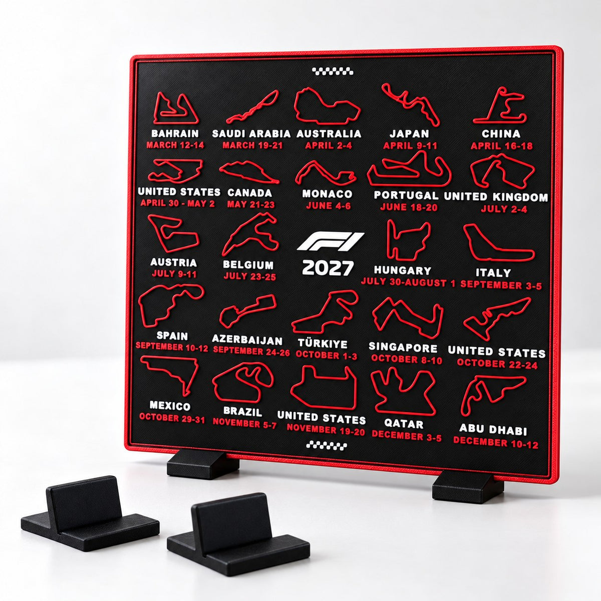 RU3D 2027 race calendar with its two 3D printed stand feet for desk display