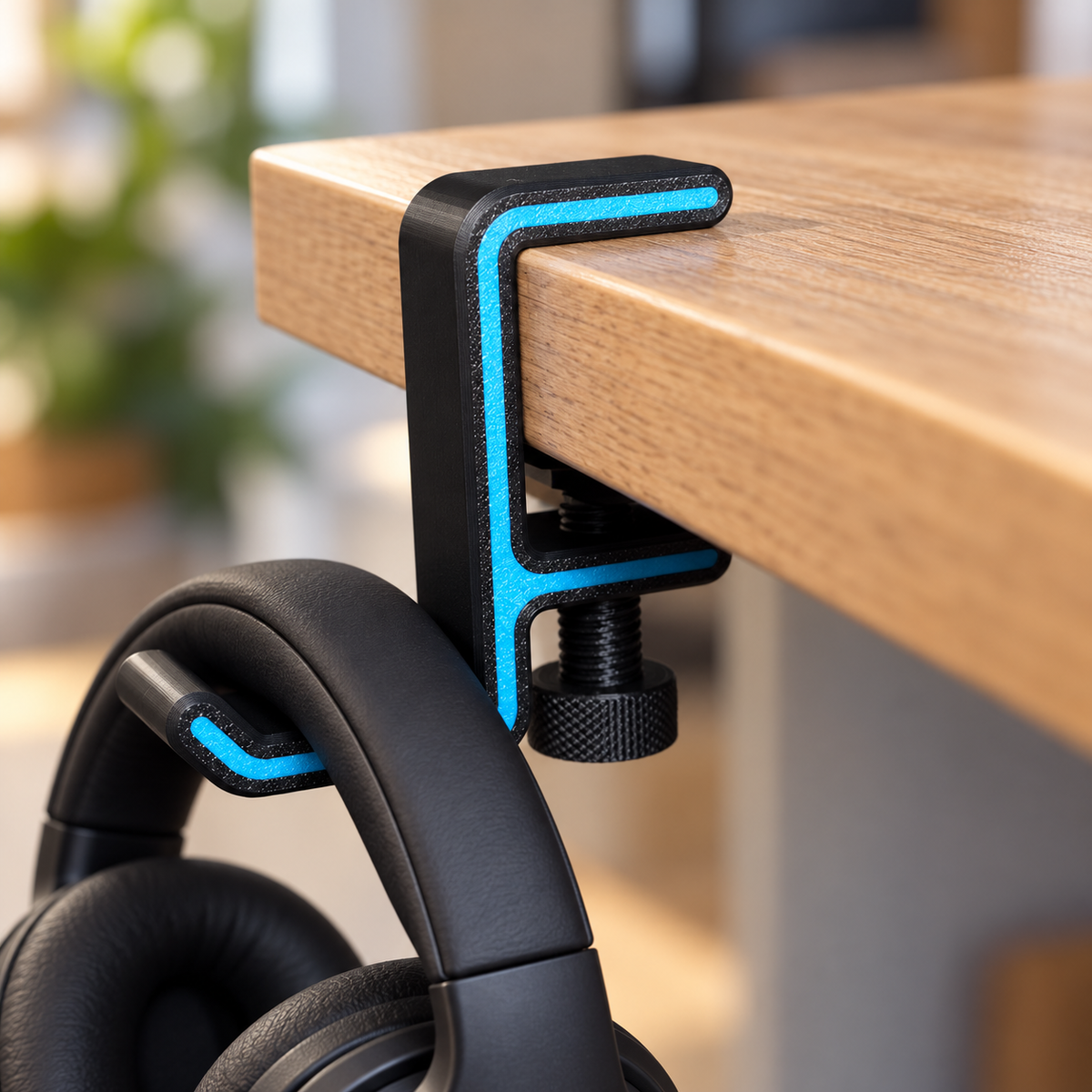 Headphone Hanger with Desk Clamp 3D printed by RU3D – black with cyan accent