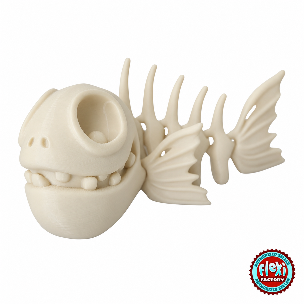 Flexible 3D printed skeleton fish in bone white color.