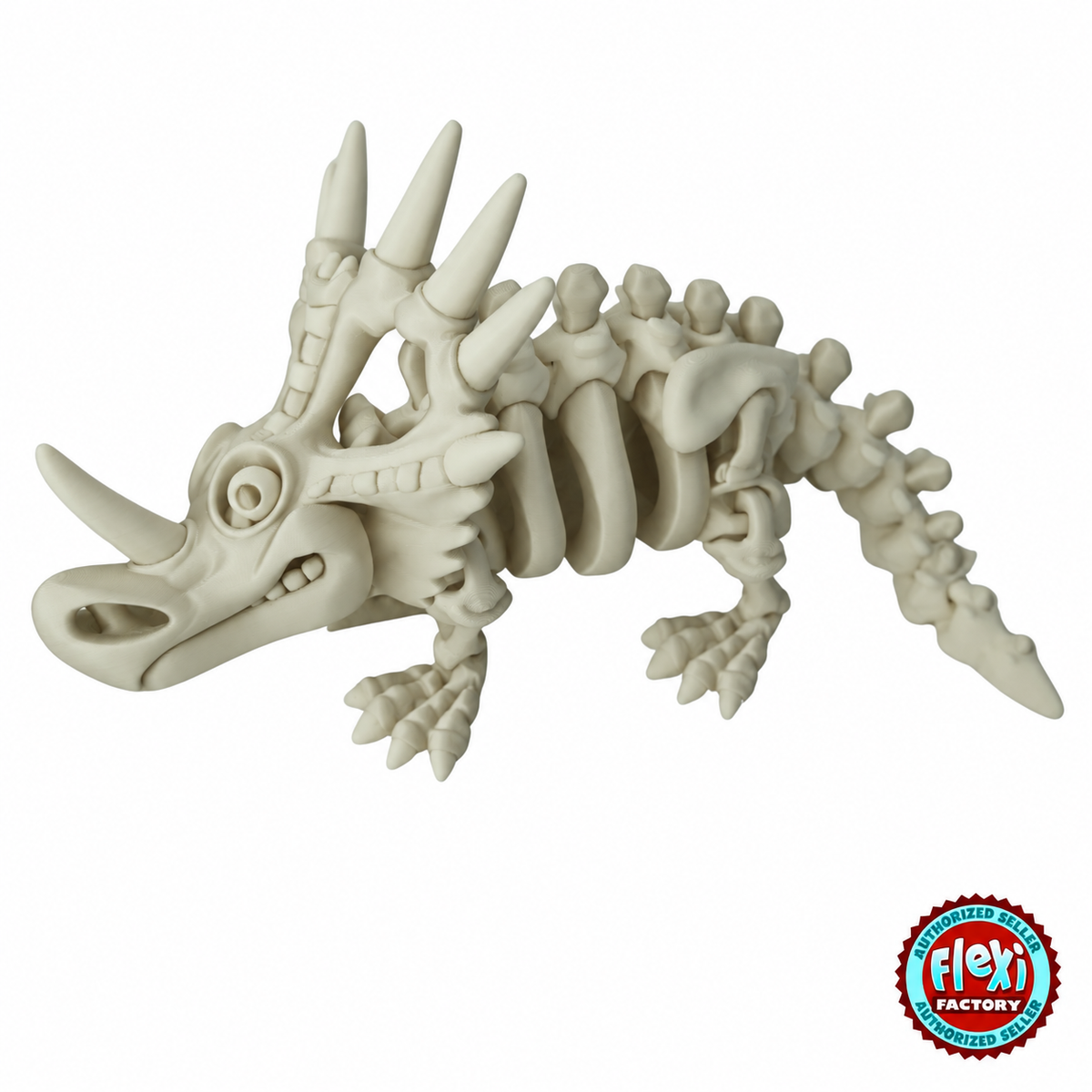 Meet our Flexible Skeleton Styracosaurus – a spiky-frilled horned dinosaur with a curved row of bony spikes 3D printed in bone white filament