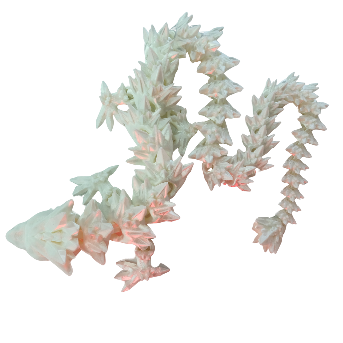 White articulated fantasy dragon shown with detailed scales and flexible body.