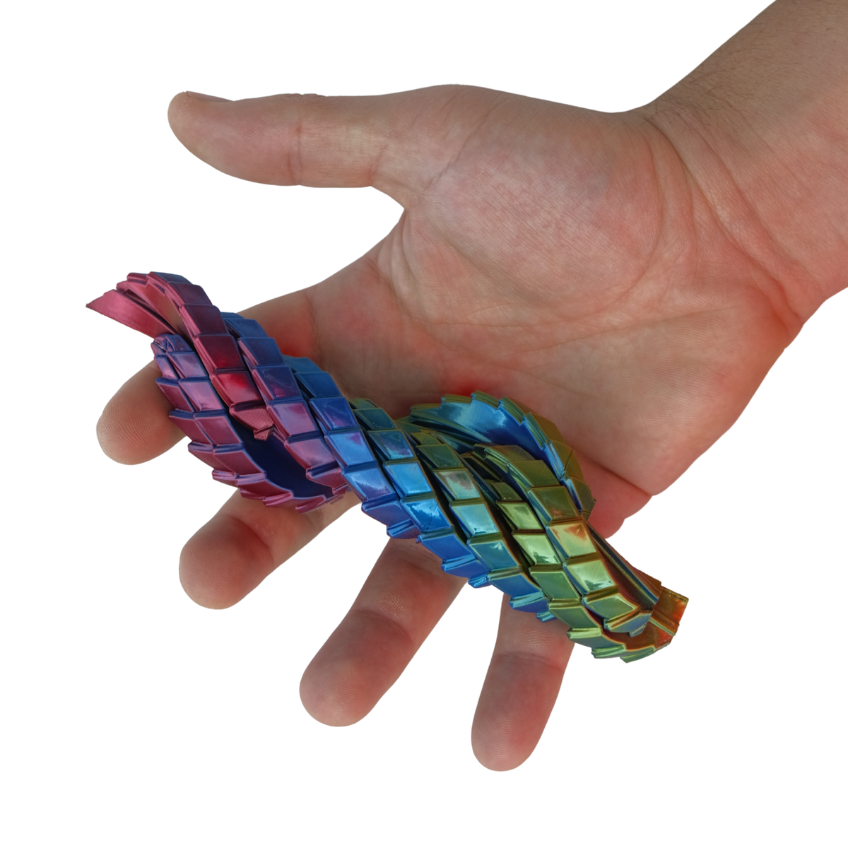 A multicoloured geometric fidget toy with flexible segments, held in a hand.