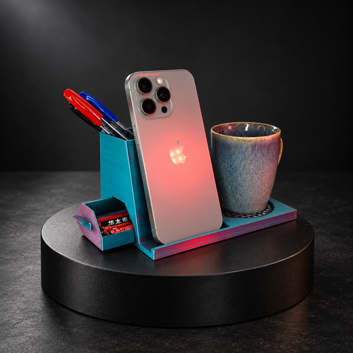 All-in-one desk organiser with phone stand, pen holder, hidden drawer and built-in mug coaster on a dark charcoal background.