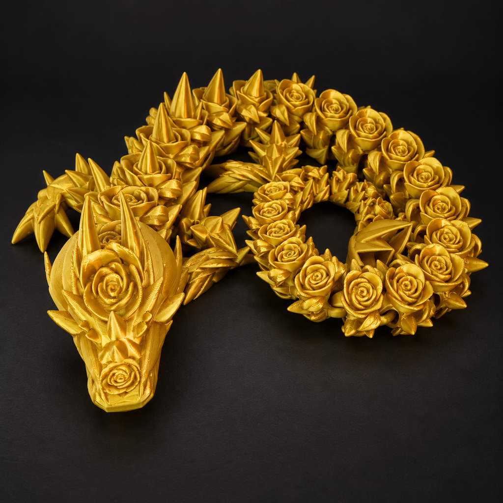 Articulated rose dragon with detailed floral body and flexible segmented tail on a dark charcoal studio background.