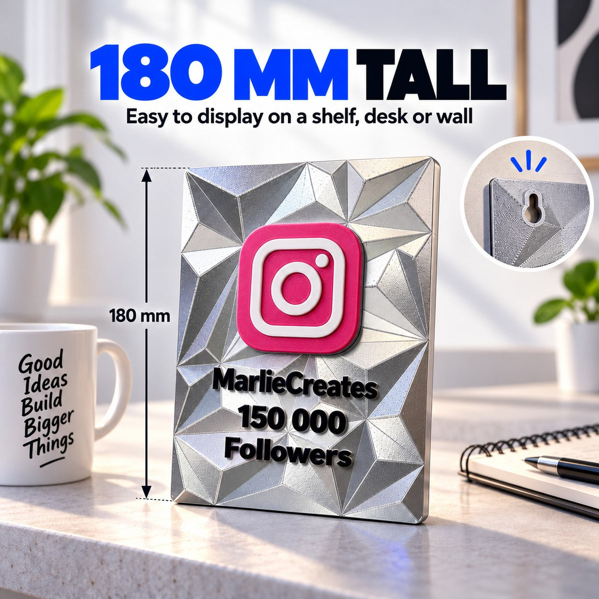 RU3D 3D printed Instagram creator reward plaque in silver, 180 mm tall with a keyhole slot for wall mounting