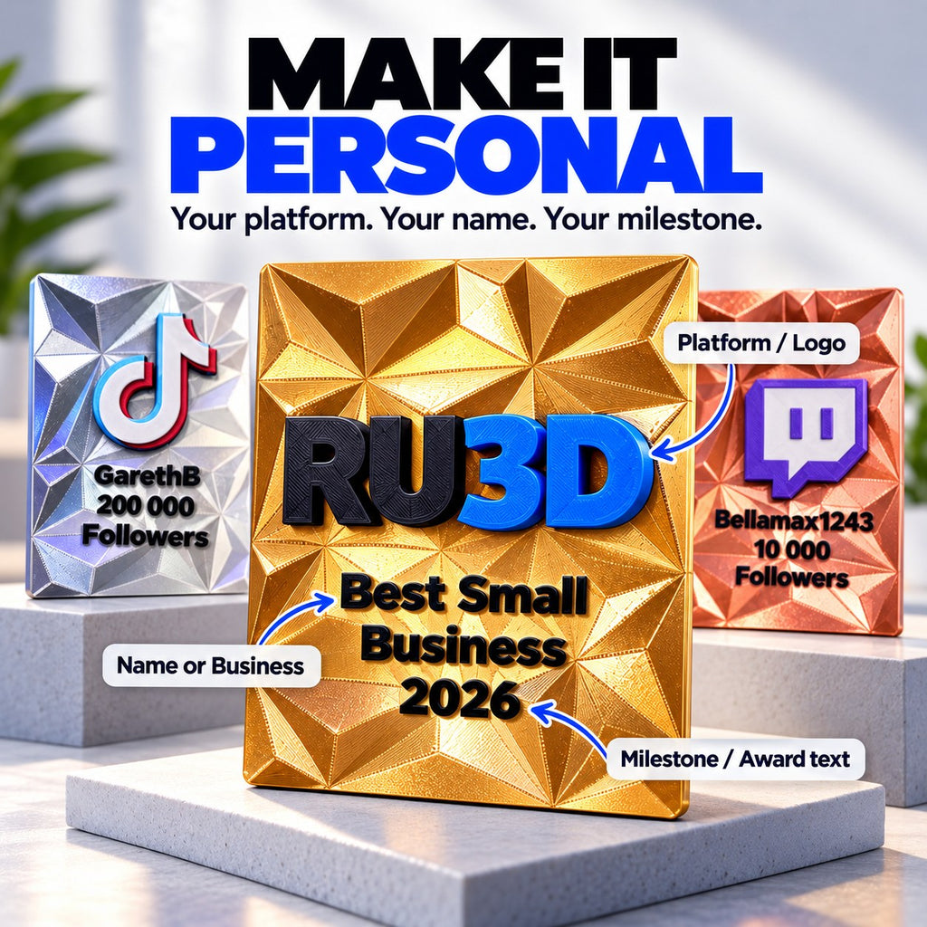 Personalised RU3D reward plaque showing the platform or logo, name or business and milestone text areas