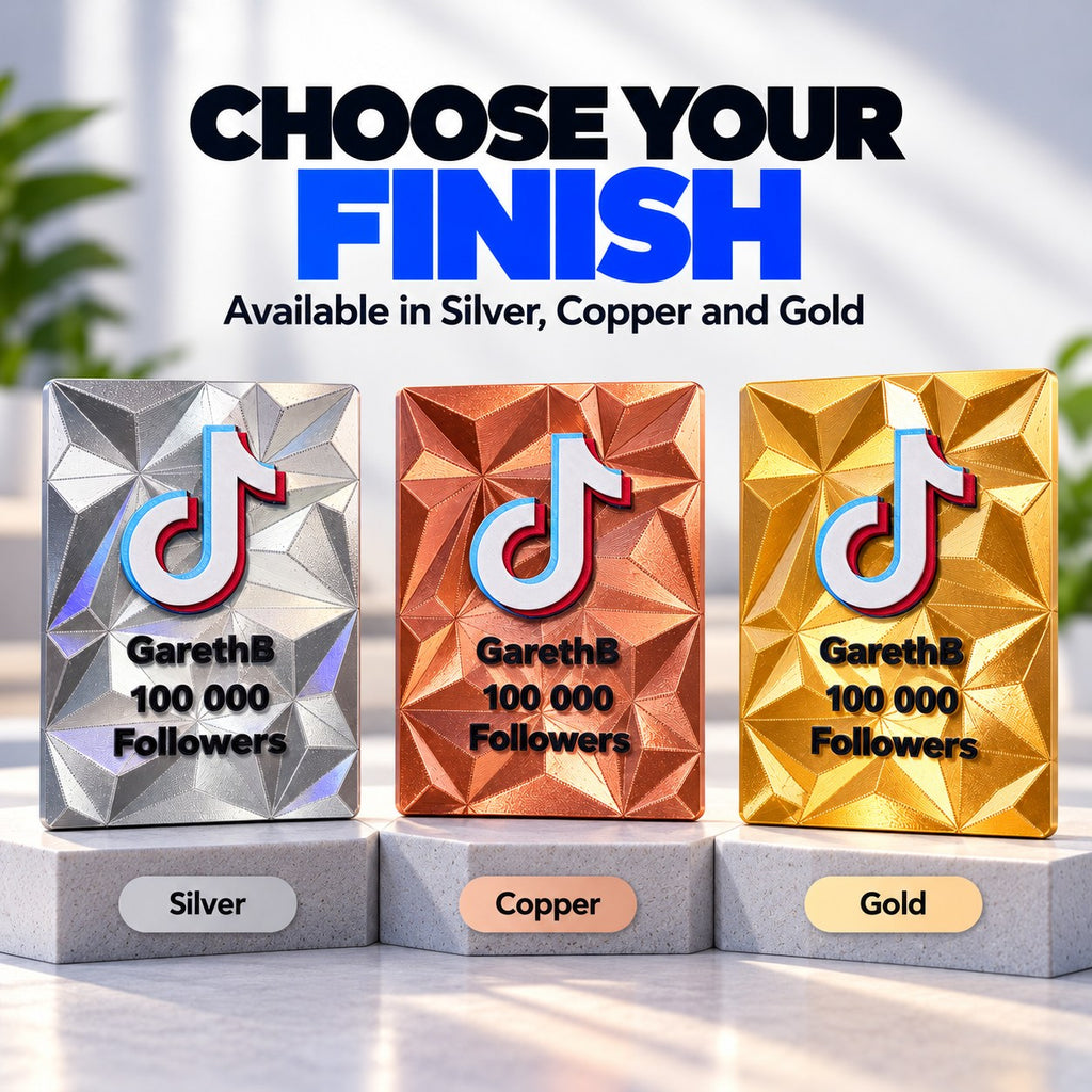 RU3D creator reward plaque in silver, copper and gold finishes with a TikTok logo and follower milestone