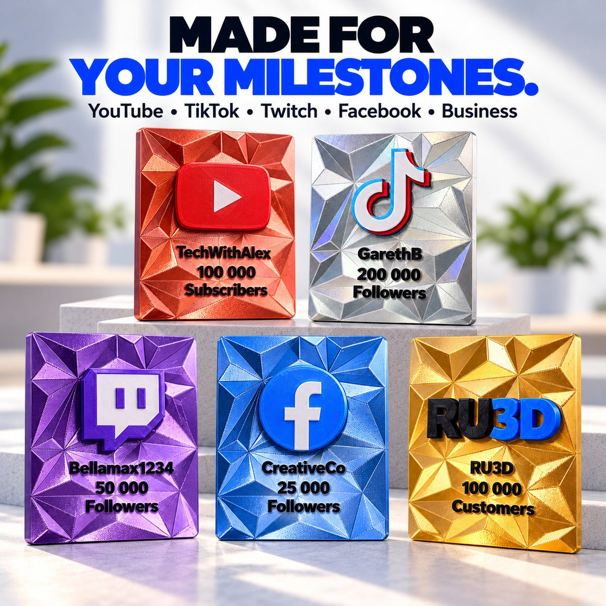 RU3D 3D printed creator reward plaques for YouTube, TikTok, Twitch, Facebook and business milestones