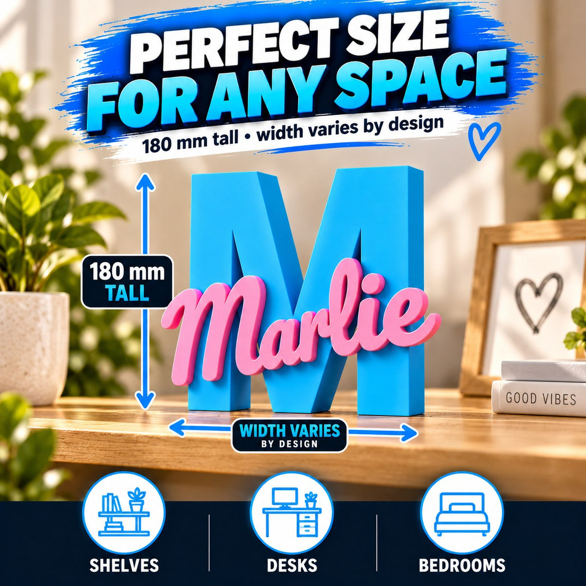 Size guide for the RU3D custom name and initial stand – 180 mm tall, width varies by letter and name