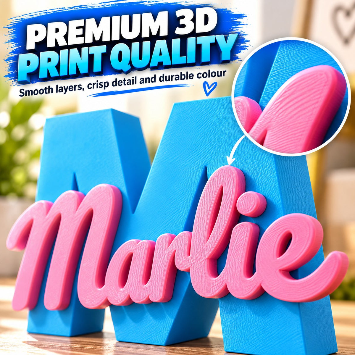 Close-up of the 3D printed name script on an RU3D initial letter stand showing smooth layers and crisp detail