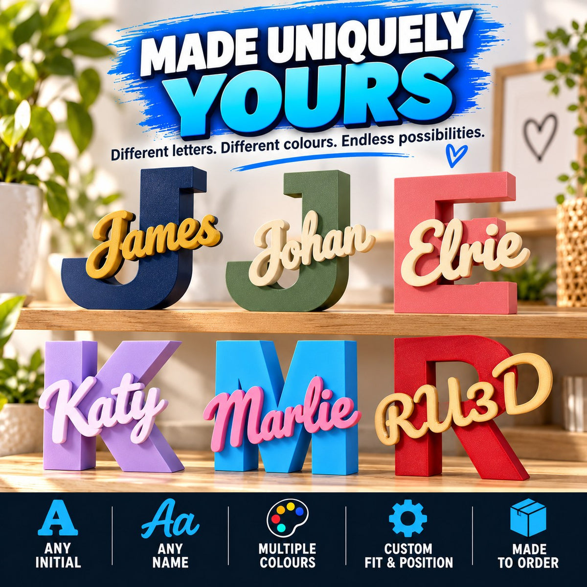 Six RU3D 3D printed name and initial stands in different letters and colours – James, Johan, Elrie, Katy, Marlie and RU3D