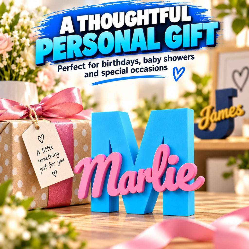 Personalised 3D printed initial letter stand by RU3D – blue letter M with pink Marlie name script, wrapped as a gift