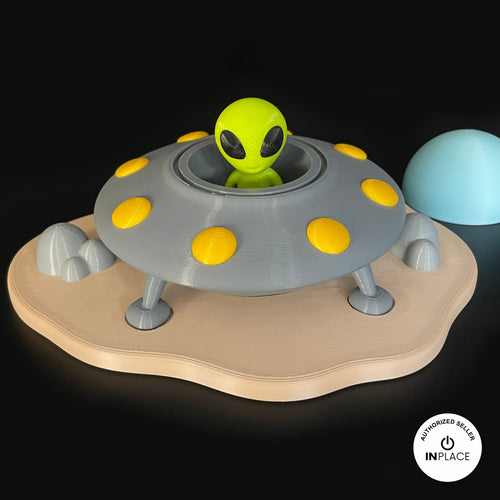 3D printed ufo landing site platform by RU3D, shown with the Alien keychain