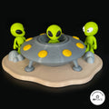 3D printed ufo landing site platform by RU3D, shown with the Alien keychain