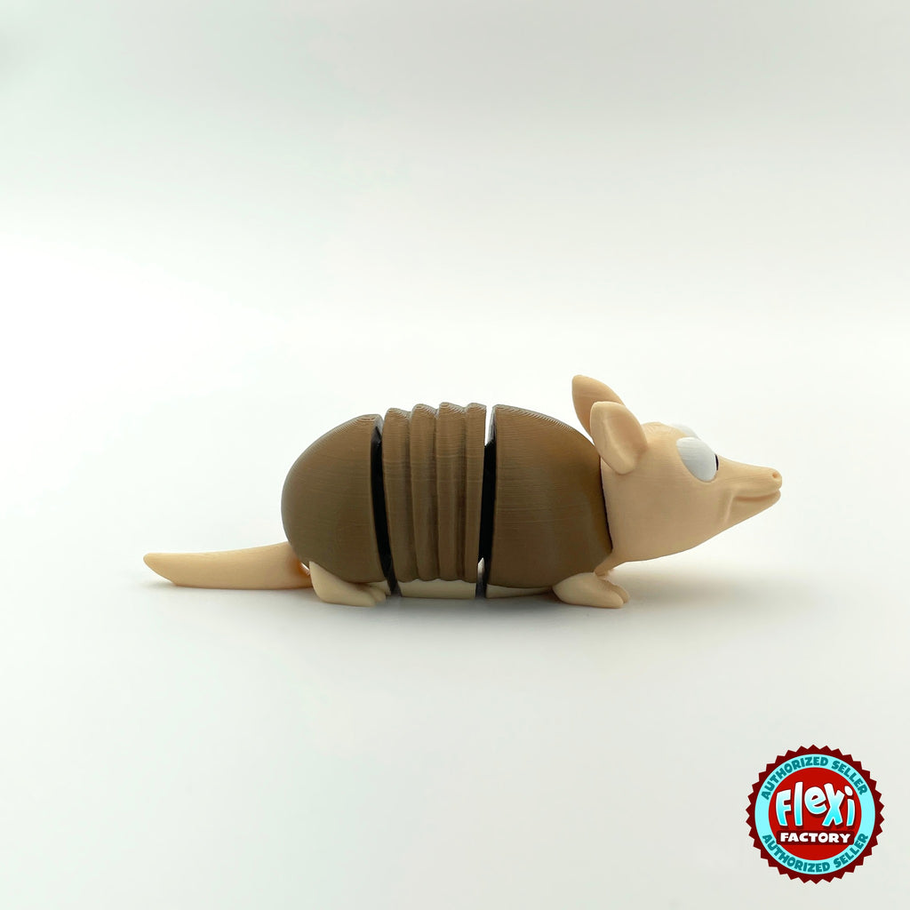 Cute armadillo keychain, 3D printed by RU3D – profile view facing right. Brown shell and beige body.