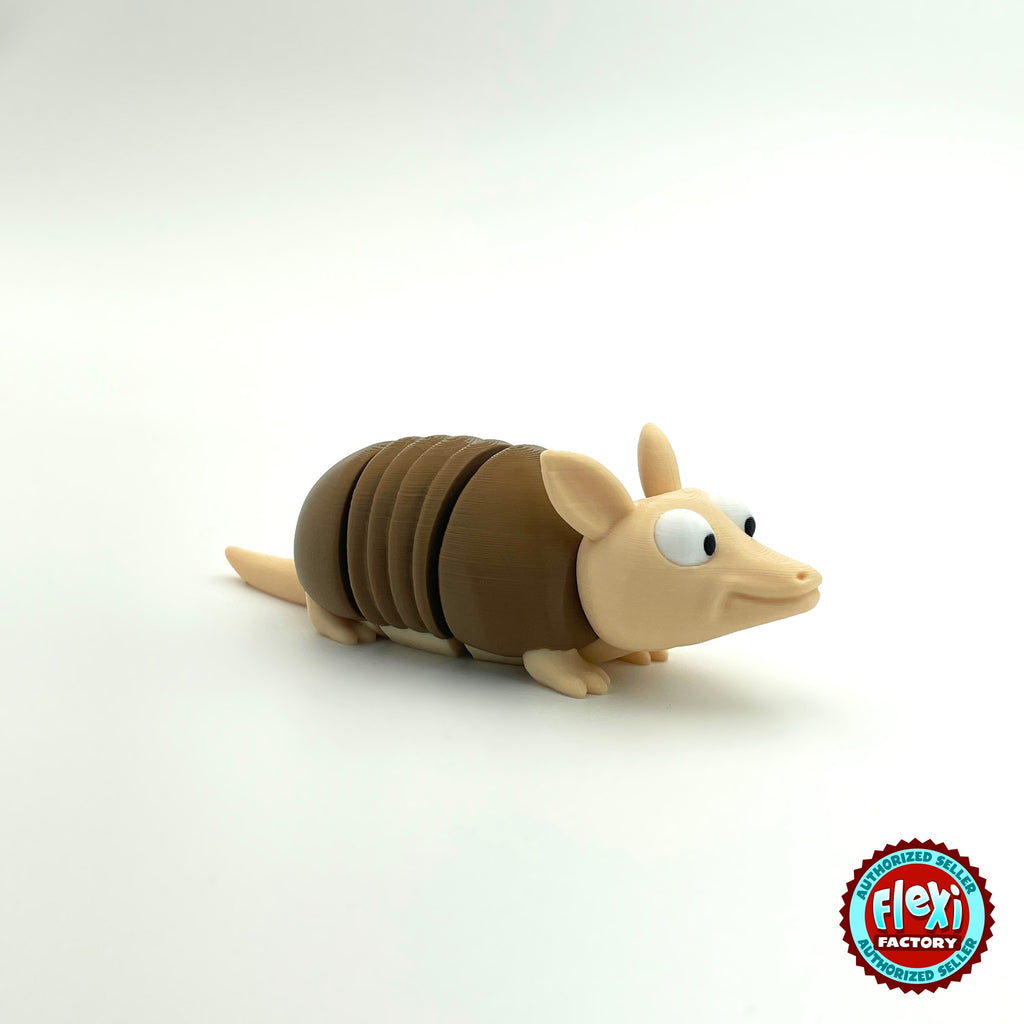 Cute armadillo keychain, 3D printed by RU3D – side view facing right. Brown shell and beige body.