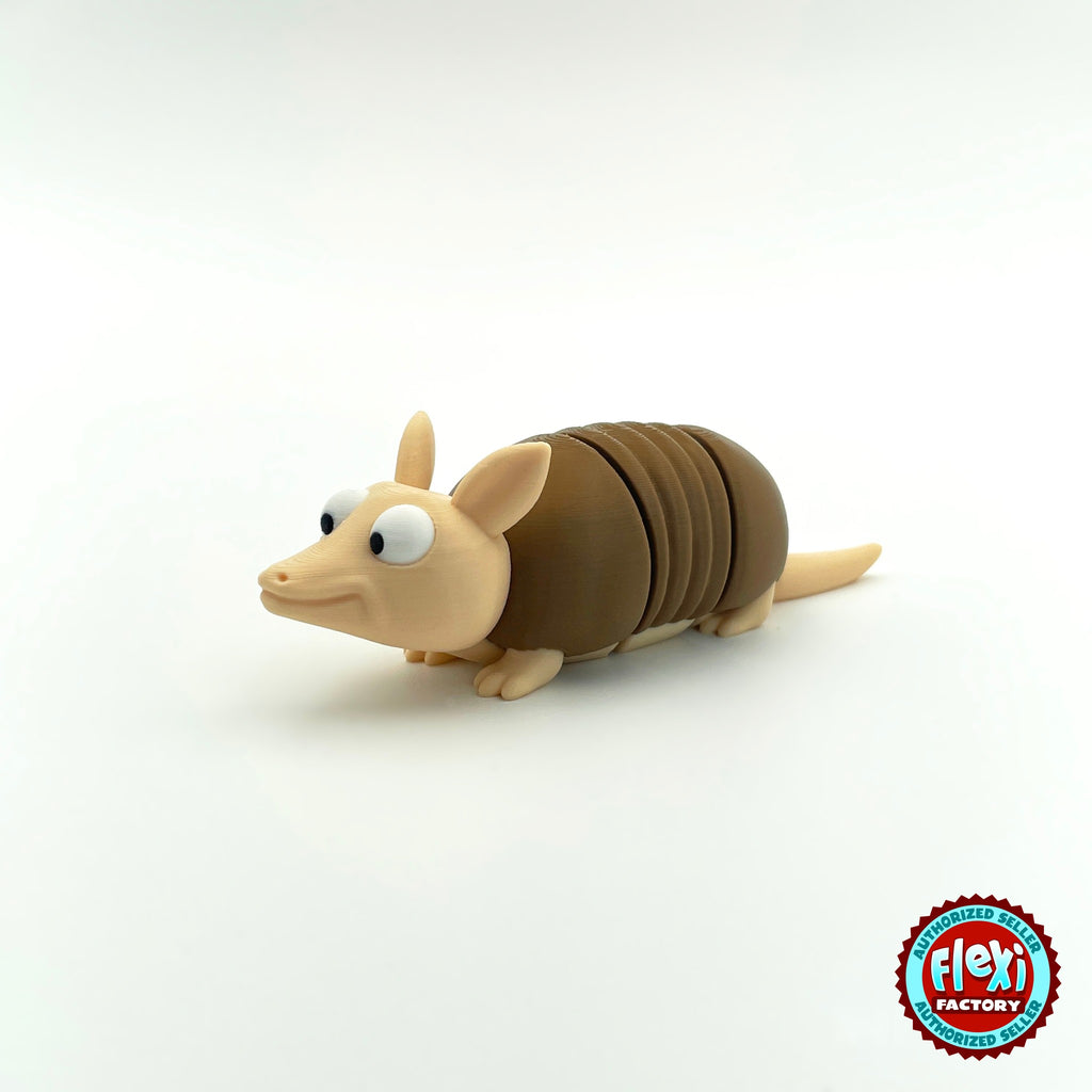 Cute armadillo keychain, 3D printed by RU3D – three quarter view facing left. Brown shell and beige body.