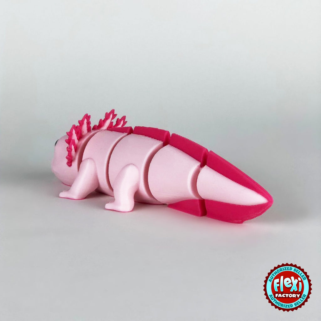 Cute axolotl keychain, 3D printed by RU3D – dark eyes rear view. Pink with hot pink gills and tail.