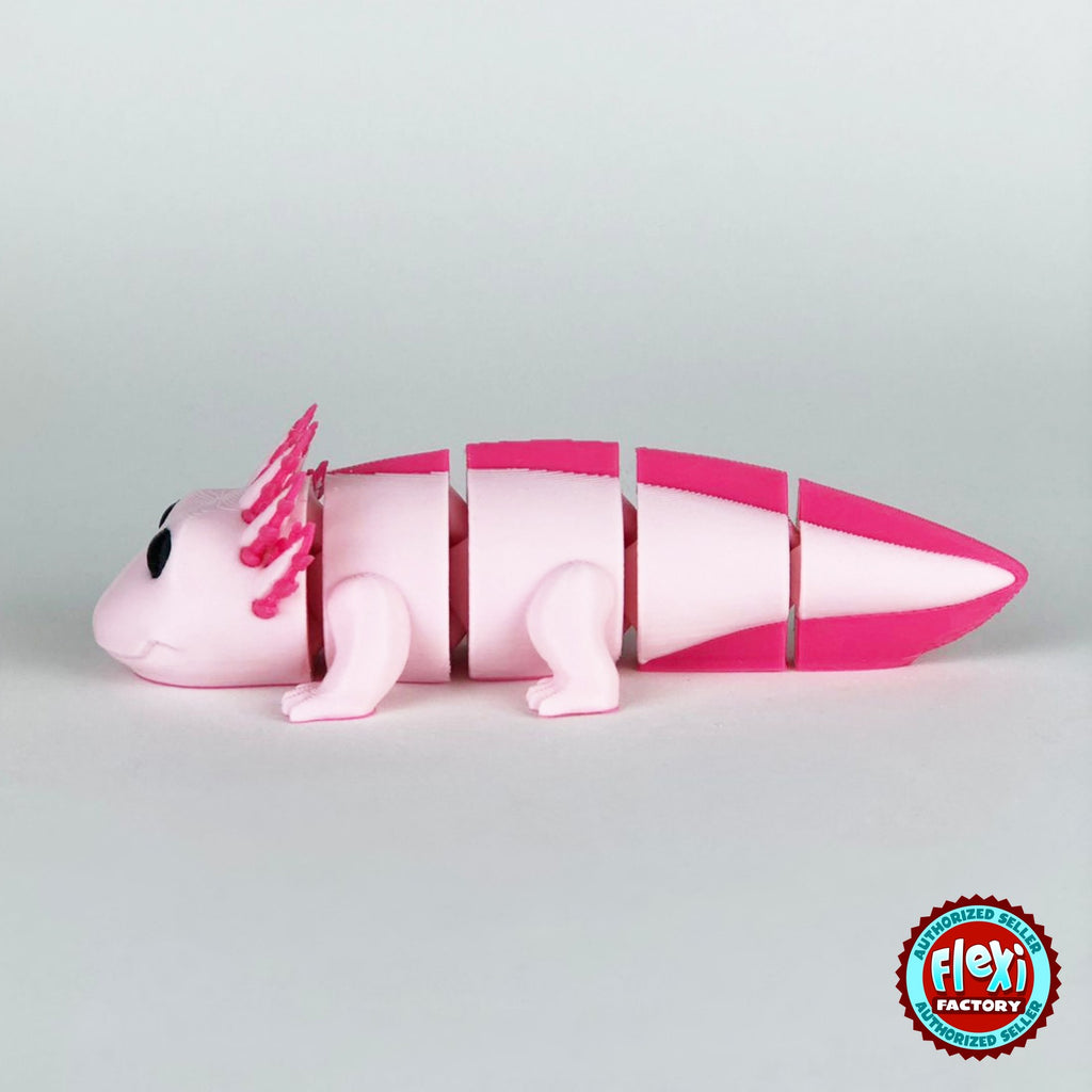 Cute axolotl keychain, 3D printed by RU3D – dark eyes side view facing left. Pink with hot pink gills and tail.