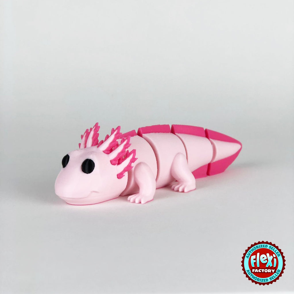 Cute axolotl keychain, 3D printed by RU3D – dark eyes version facing left. Pink with hot pink gills and tail.