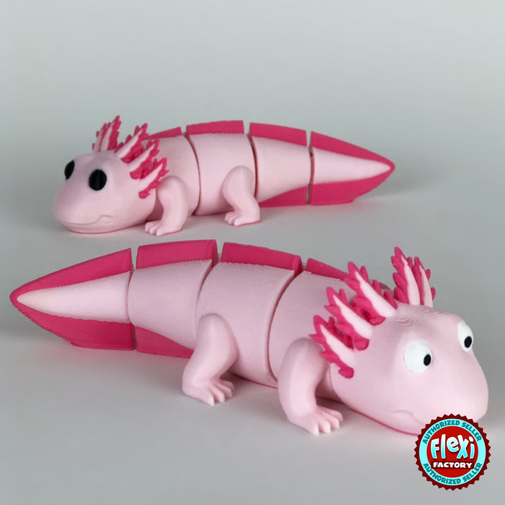 Cute axolotl keychain, 3D printed by RU3D – pair of axolotls facing each way. Pink with hot pink gills and tail.