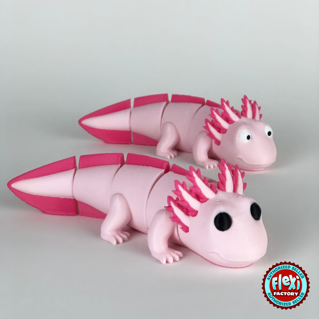 Cute axolotl keychain, 3D printed by RU3D – pair of axolotls. Pink with hot pink gills and tail.