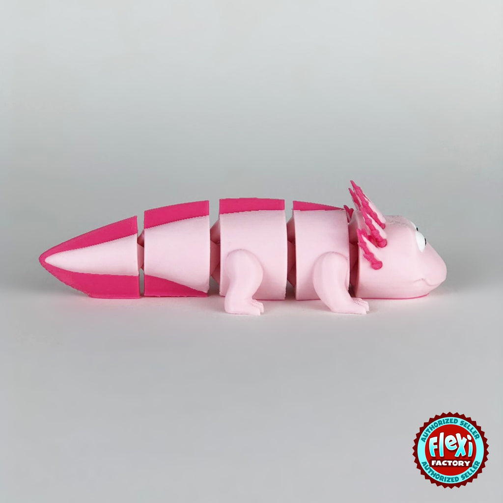 Cute axolotl keychain, 3D printed by RU3D – side view facing right. Pink with hot pink gills and tail.