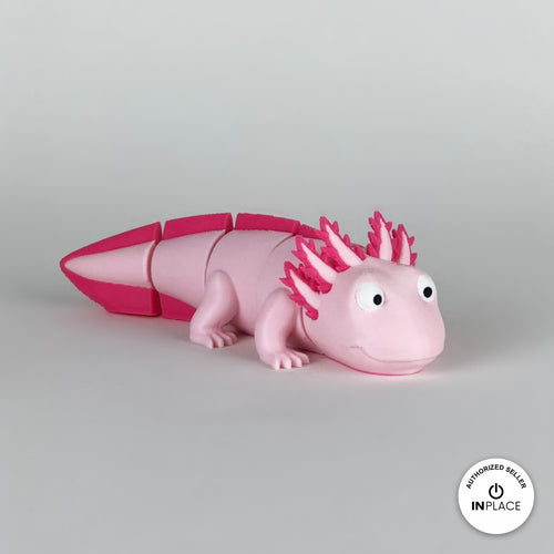 Cute axolotl keychain, 3D printed by RU3D – three quarter view facing right. Pink with hot pink gills and tail.