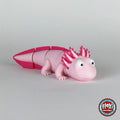 Cute axolotl keychain, 3D printed by RU3D – three quarter view facing right. Pink with hot pink gills and tail.