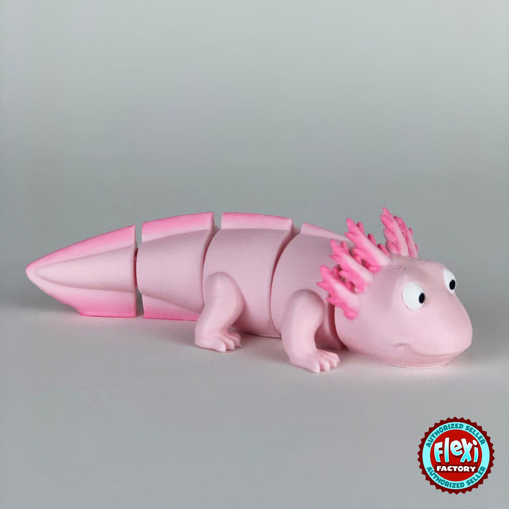 Cute axolotl keychain, 3D printed by RU3D – version 2 three quarter view facing right. Pink with hot pink gills and tail.