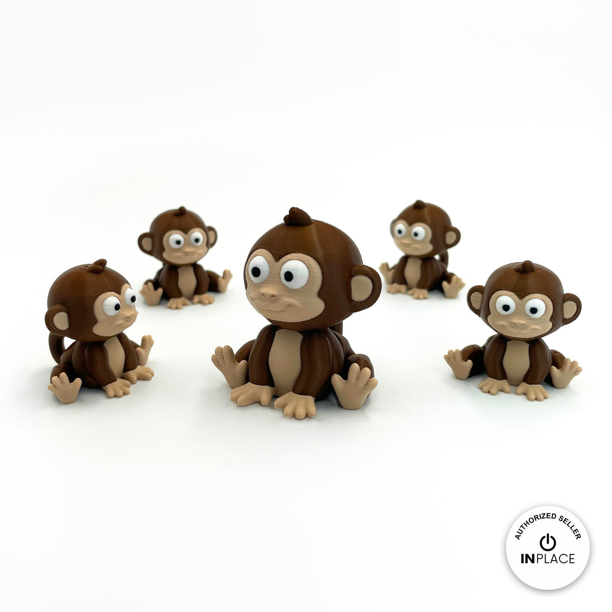 Cute baby monkey keychain, 3D printed by RU3D – group of baby monkeys. Dark brown with tan face.