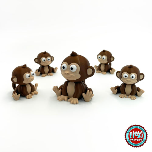 Cute baby monkey keychain, 3D printed by RU3D – group of baby monkeys. Dark brown with tan face.