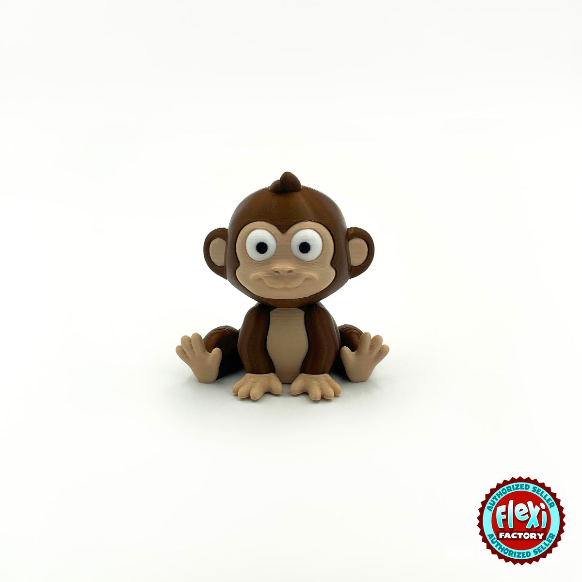 Cute baby monkey keychain, 3D printed by RU3D – sitting front view. Dark brown with tan face.